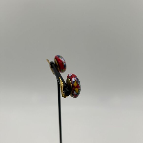 Vintage Red Venetian Glass Clip-On Earrings With Gold Tone Backs 3/4" Diameter - Picture 12 of 16